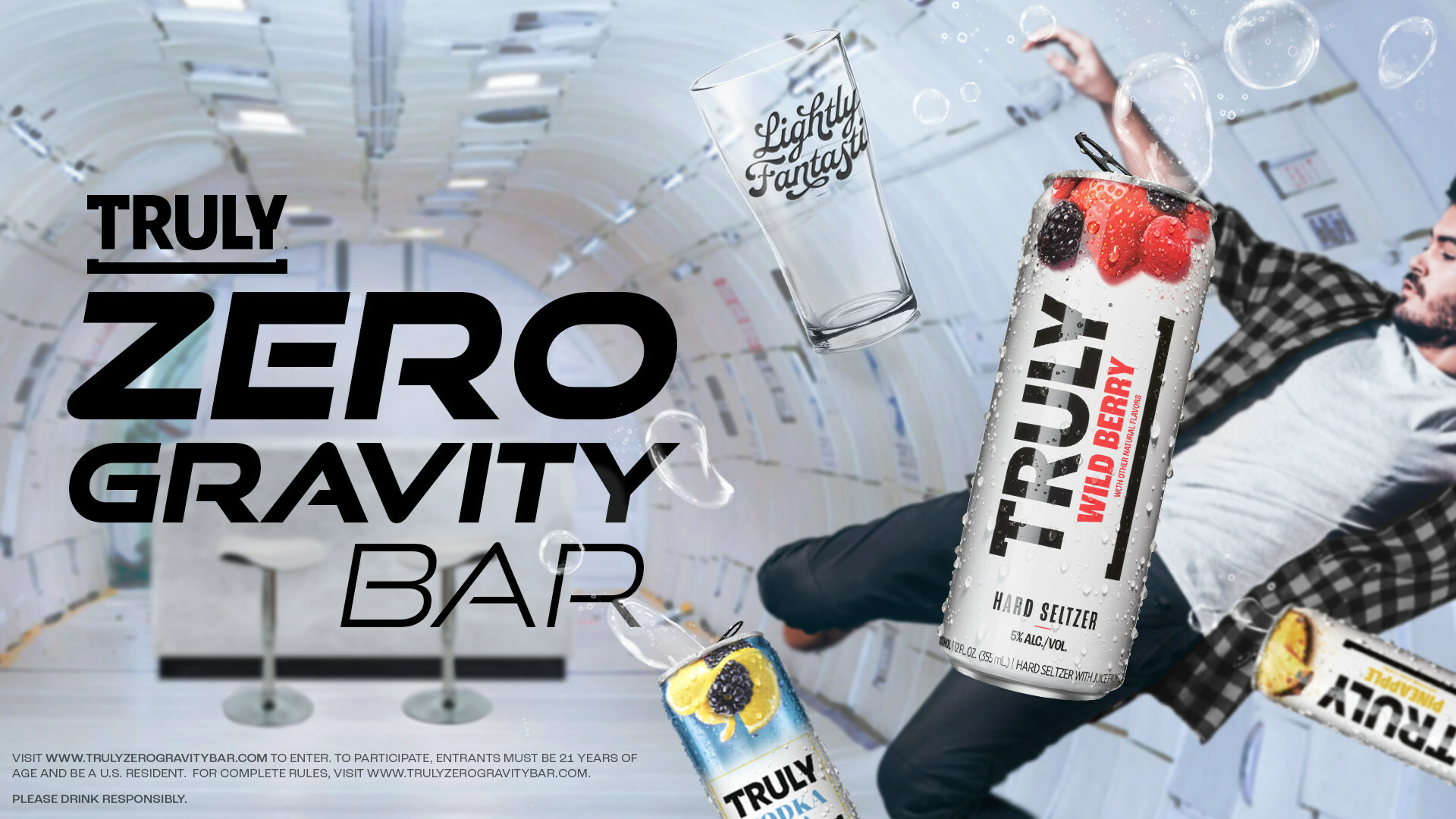 Truly Zero Gravity Bar and Flight Floating Cans and Participant